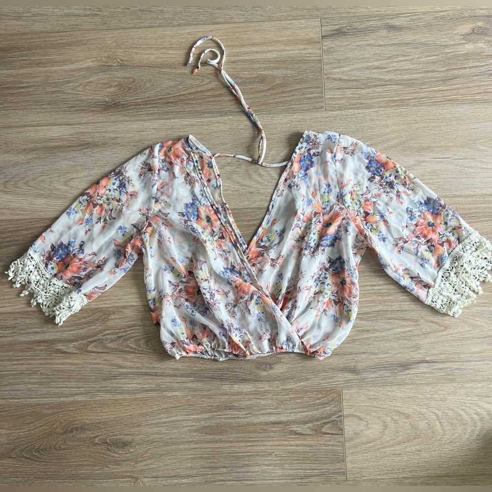 Floral crop top swimwear cover up